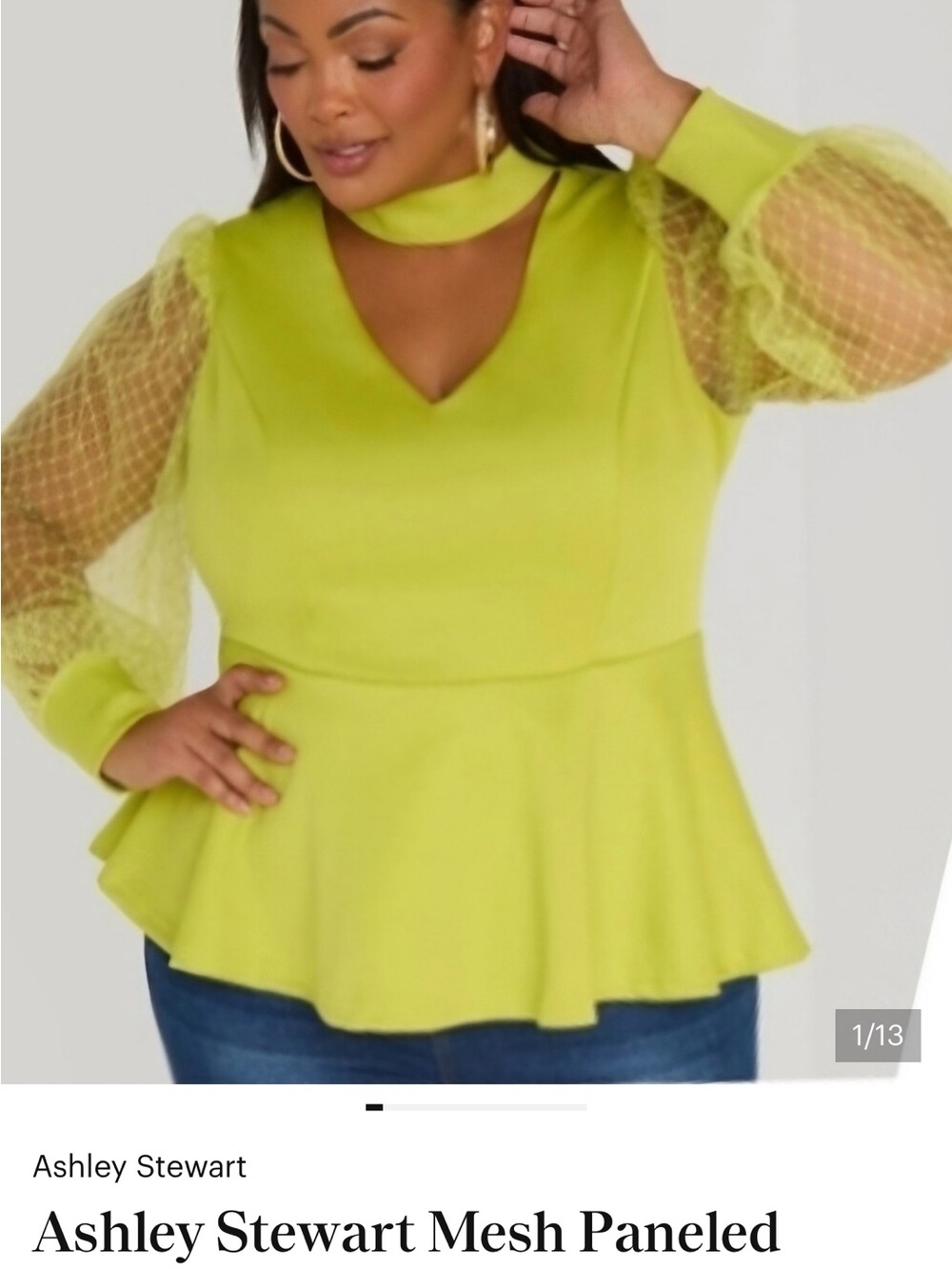 Ashley Stewart Neon Lime Mesh Sleeve Peplum Top